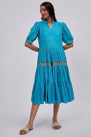 Blue Luxe Tencel Floral Printed Dress by Leela By A