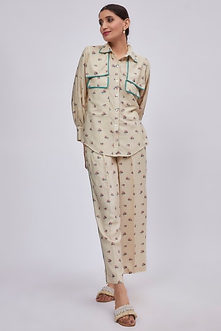Beige Luxe Tencel Floral Printed Co-Ord Set by Leela By A