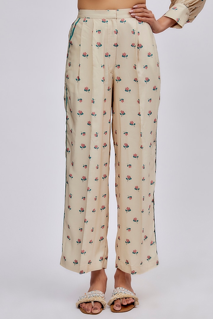 Beige Luxe Tencel Floral Printed Co-Ord Set by Leela By A at Pernia's Pop Up Shop