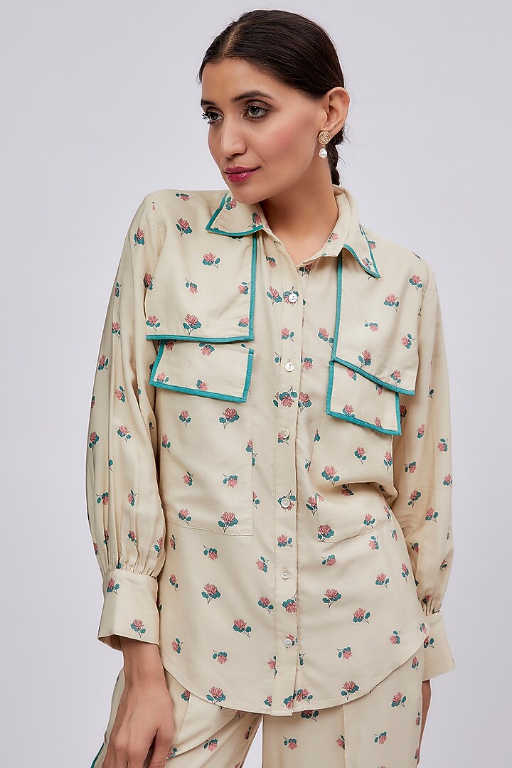 Beige Luxe Tencel Floral Printed Co-Ord Set by Leela By A at Pernia's Pop Up Shop