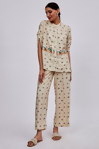 Beige Luxe Tencel Floral Printed Co-Ord Set by Leela By A