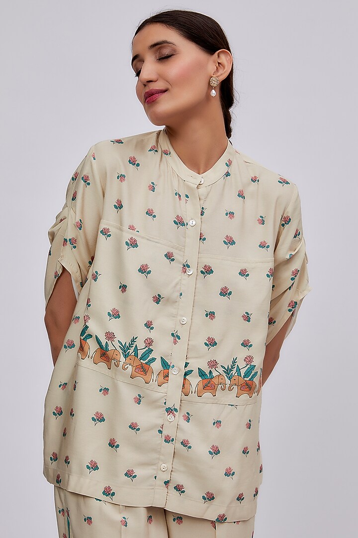 Beige Luxe Tencel Floral Printed Co-Ord Set by Leela By A at Pernia's Pop Up Shop