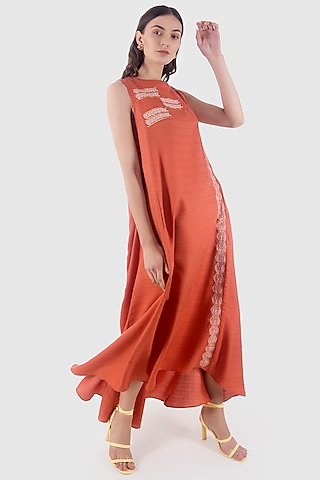 Brick Coral Sleeveless A-line Dress by Leela By A