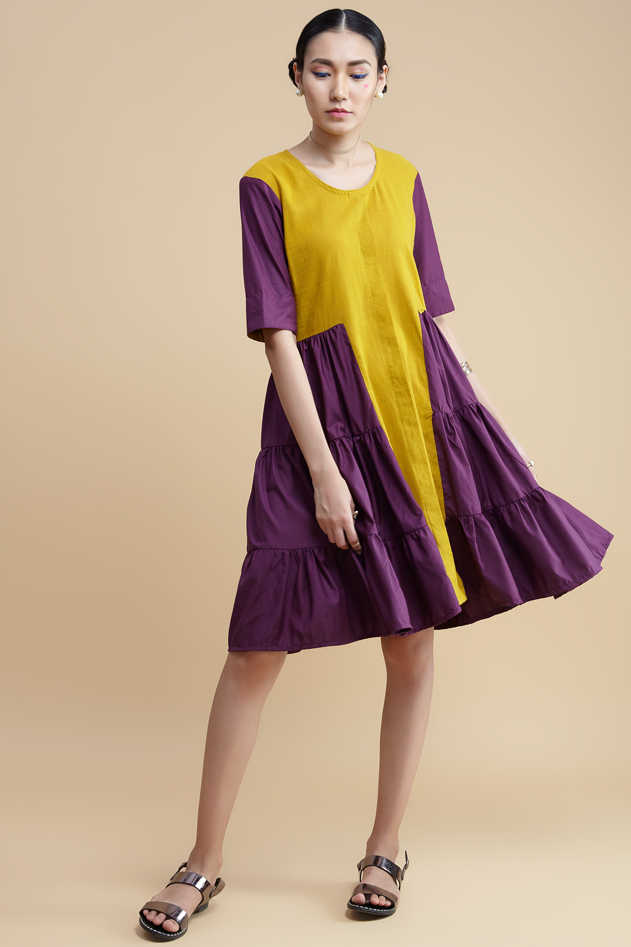 Yellow And Lilac Knee-Length Dress by Leela By A