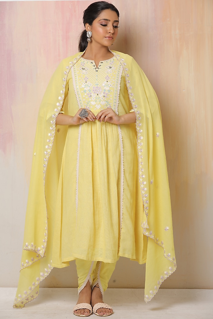 Yellow Embroidered Anarkali Set by Leela By A