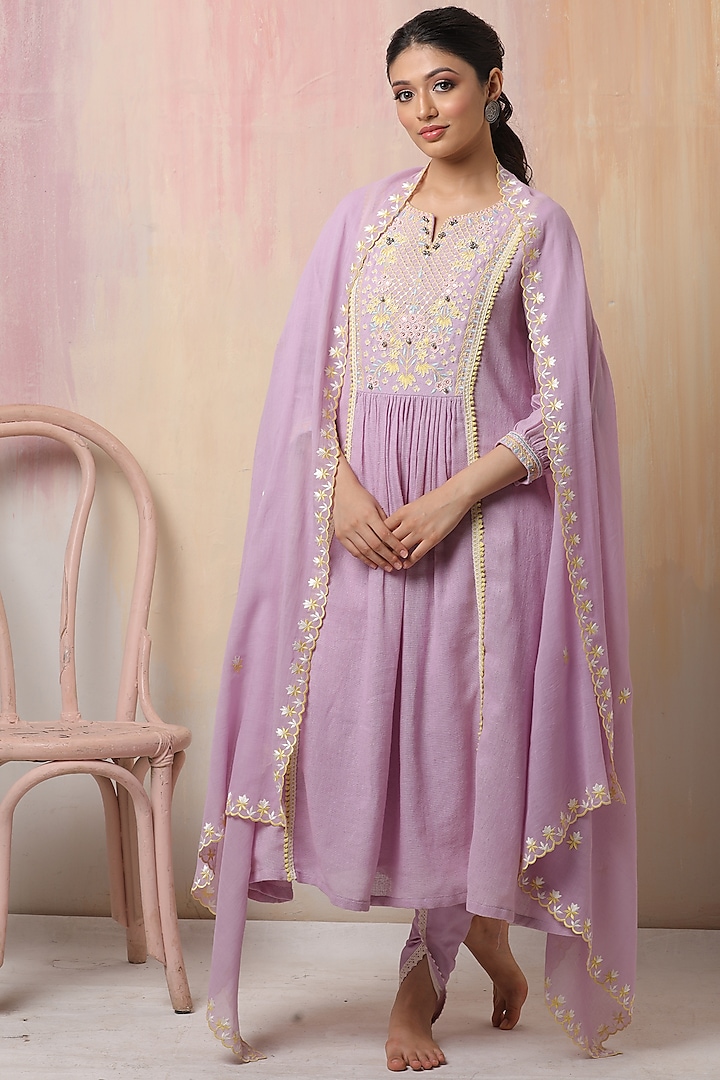 Lavender Embroidered Anarkali Set by Leela By A