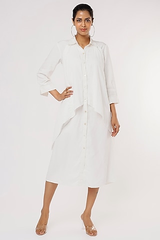 White Tencel Modal Twill A-Line Shirt Dress by Leela By A