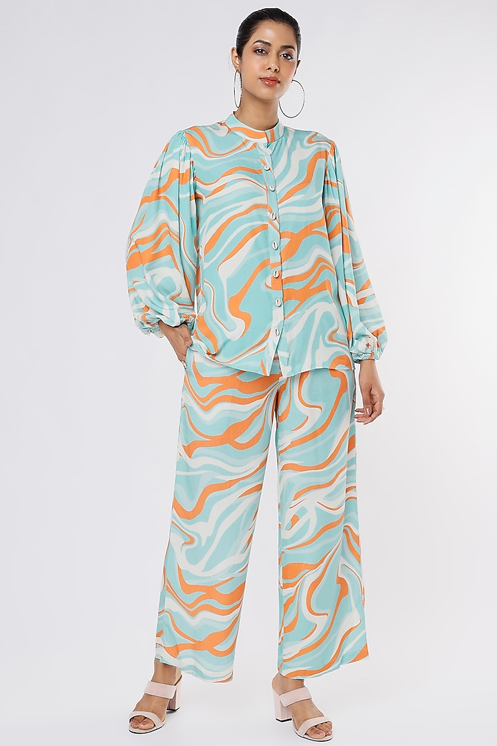 Sky Blue Printed Pant Set by Leela By A