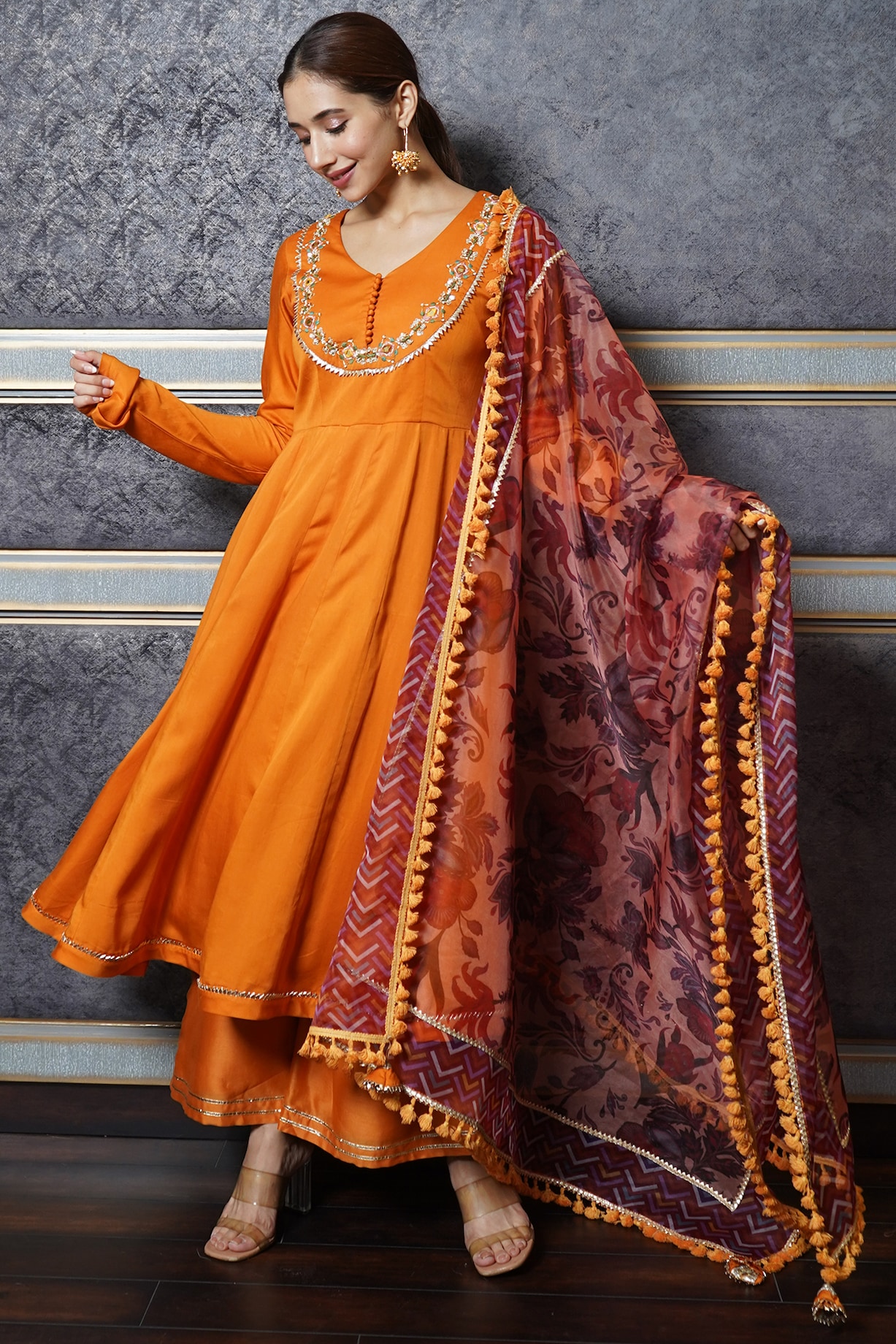 Mustard Orange Hand Embroidered Anarkali Set Design by Leela By A