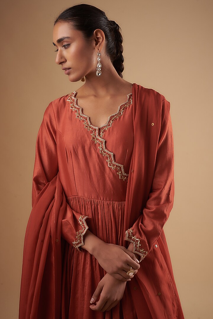 Brick Red Chanderi Dori Embroidered Angrakha Party Wear Anarkali Set by Leela By A at Pernia's Pop Up Shop