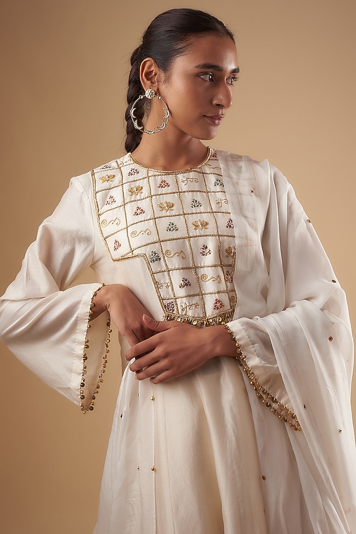 Ivory Chanderi Sequin Embroidered Party Wear Anarkali Set by Leela By A at Pernia's Pop Up Shop