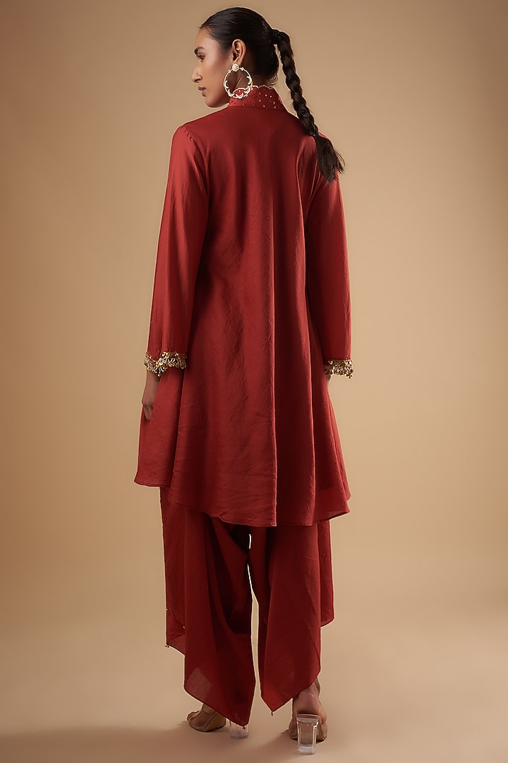 Red Chanderi Zari Embroidered Kurta Set by Leela By A at Pernia's Pop Up Shop