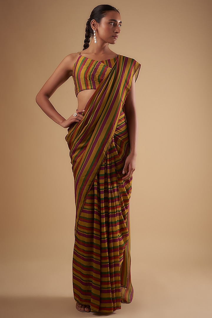 Yellow & Purple Chanderi Digital Printed Pre-Draped Saree Set by Leela By A