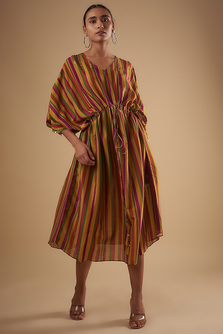 Yellow Chanderi Stripe Digital Printed Kaftan Dress by Leela By A