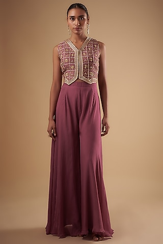 Purple Chanderi Dori Embroidered Waistcoat Set by Leela By A