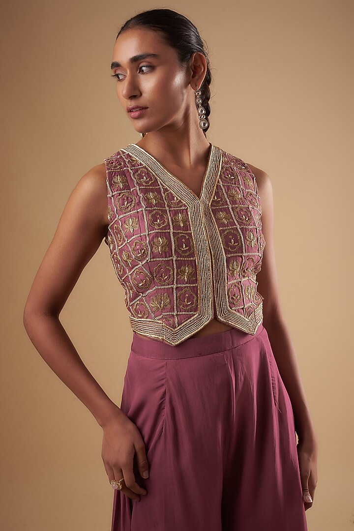 Purple Chanderi Dori Embroidered Waistcoat Set by Leela By A at Pernia's Pop Up Shop