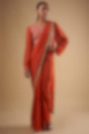 Brick Red Chanderi & Organza Pre-Draped Saree Set by Leela By A