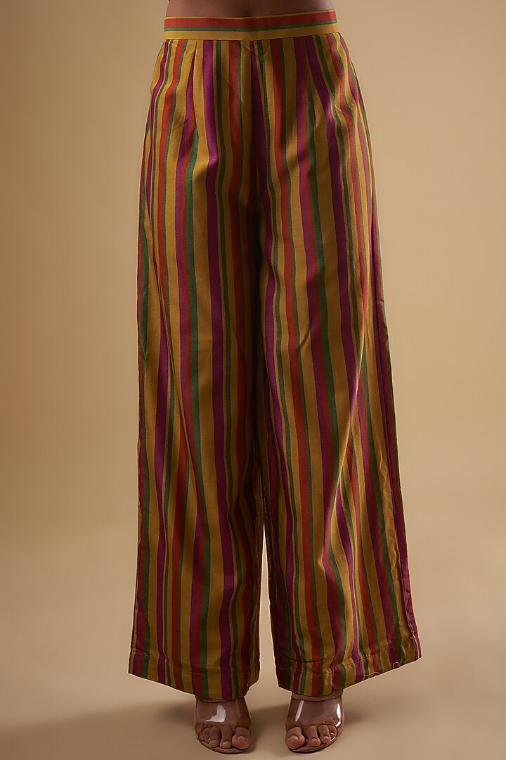 Yellow Chanderi Stripe Digital Printed Co-Ord Set by Leela By A at Pernia's Pop Up Shop