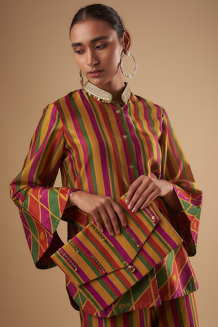 Yellow Chanderi Stripe Digital Printed Co-Ord Set by Leela By A at Pernia's Pop Up Shop