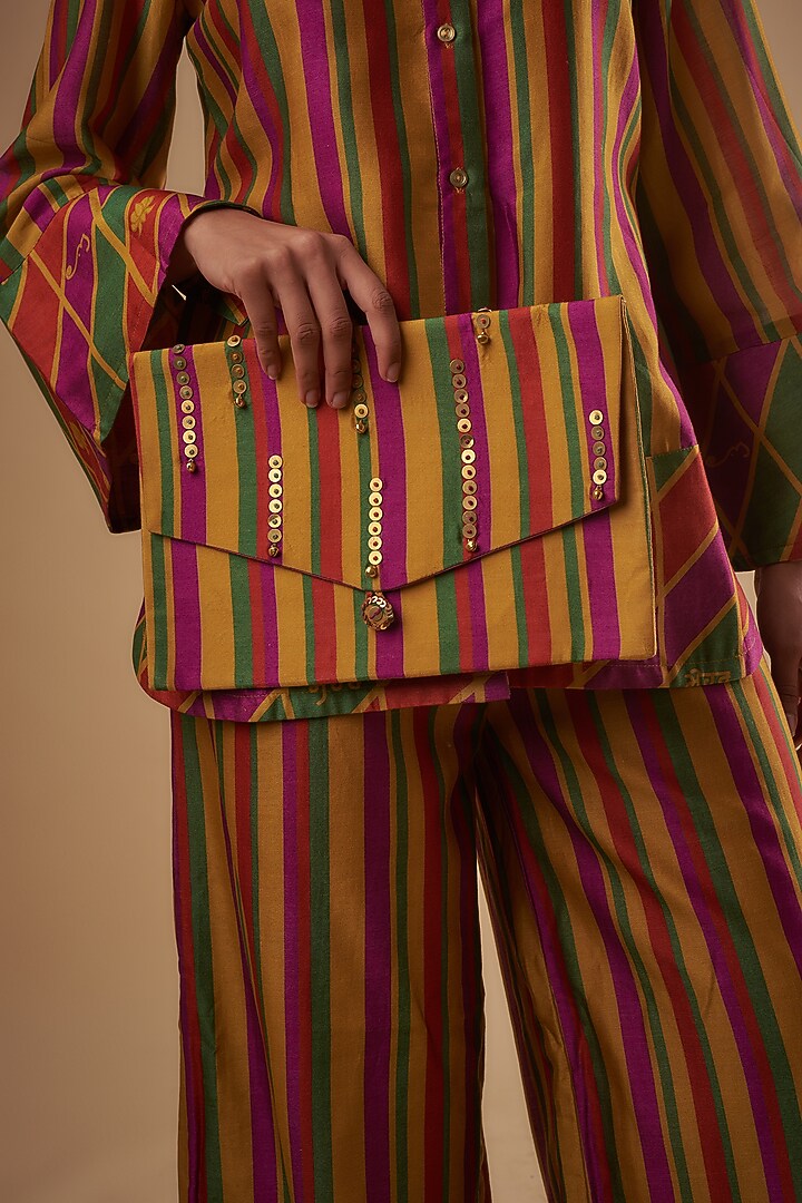 Yellow Chanderi Stripe Digital Printed Co-Ord Set by Leela By A at Pernia's Pop Up Shop