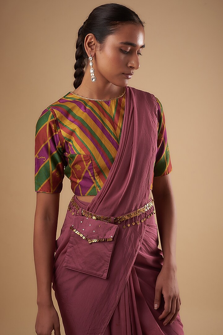 Purple Chanderi Pre-Draped Party Wear Saree Set by Leela By A at Pernia's Pop Up Shop