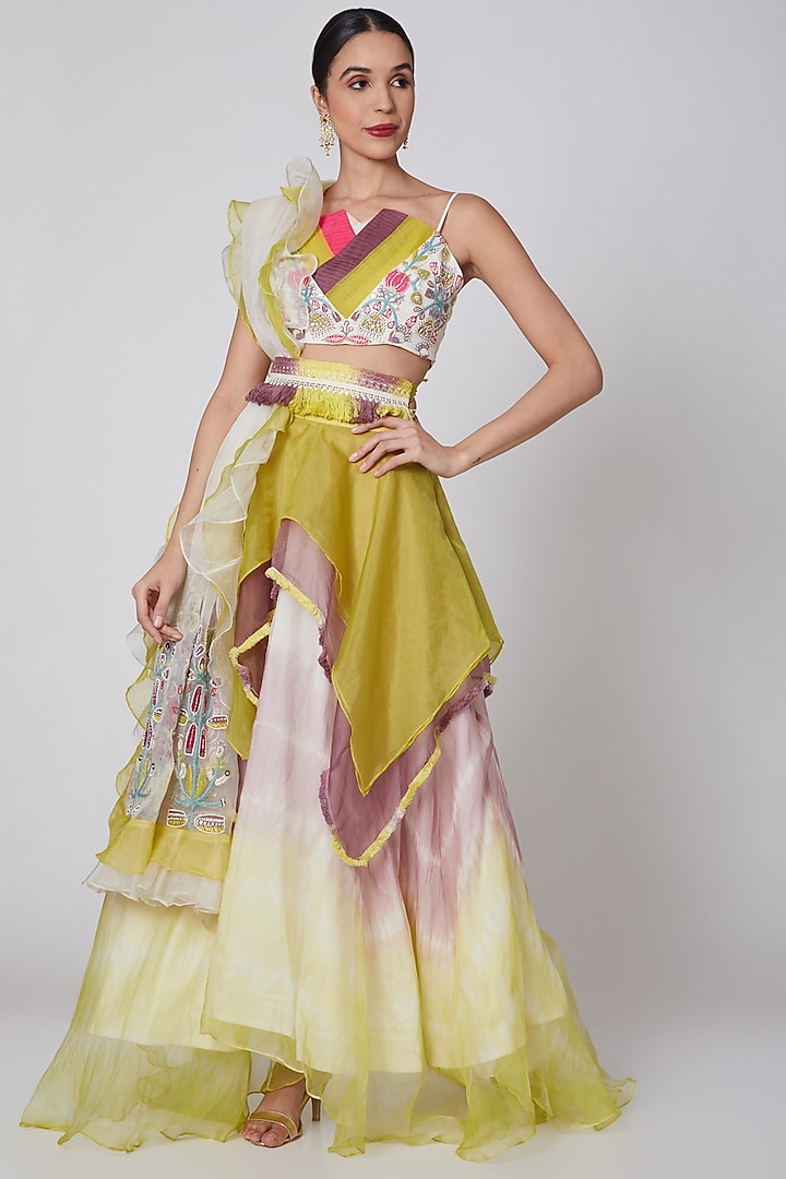Mustard & White Embroidered Lehenga Set by Leela By A