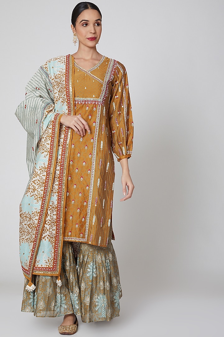 Mustard & Turquoise Embroidered Gharara Set by Leela By A