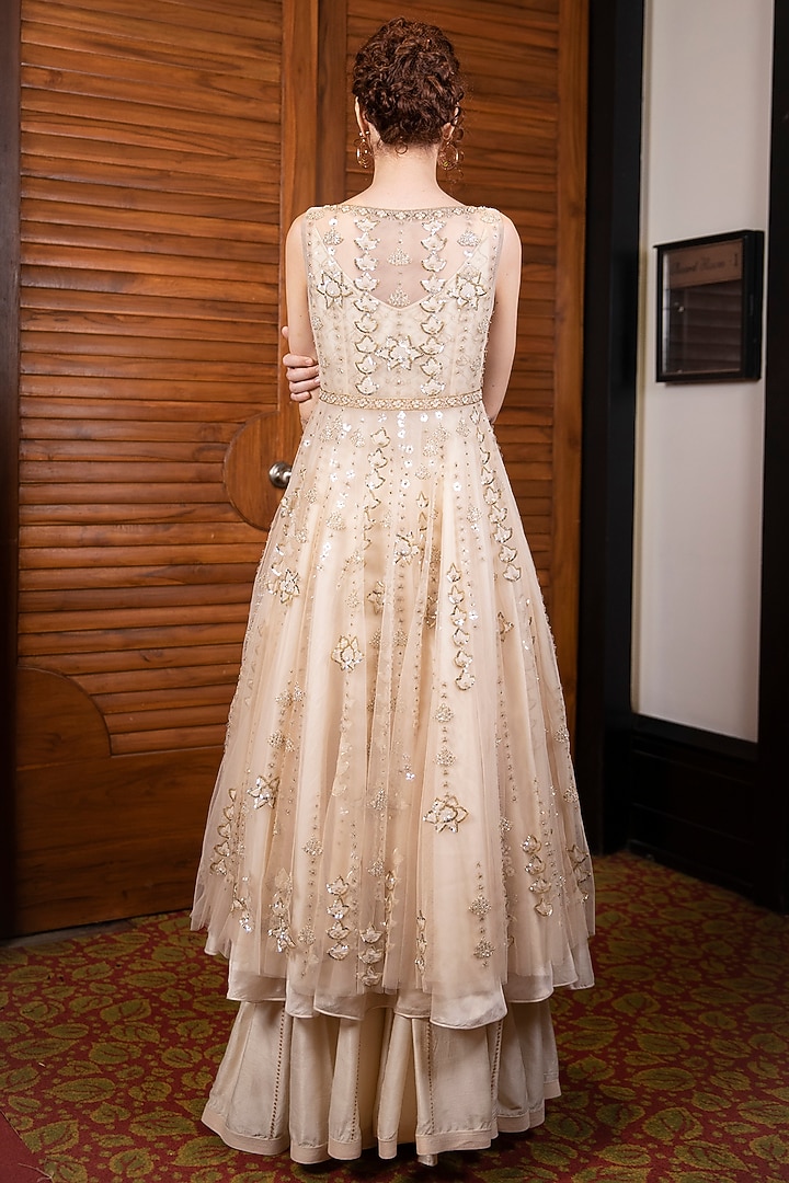 Beige Hand Embroidered Bridal Anarkali Set by LABBADA at Pernia's Pop Up Shop