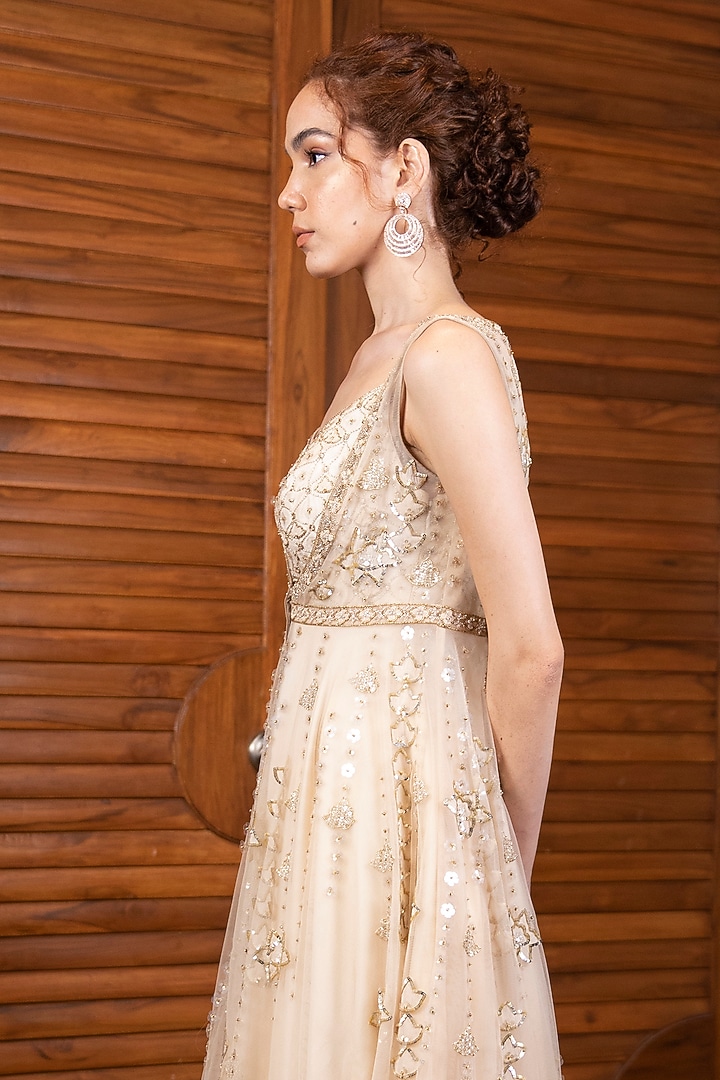 Beige Hand Embroidered Bridal Anarkali Set by LABBADA at Pernia's Pop Up Shop