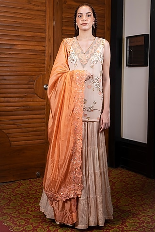 Beige Silk Hand Embroidered Kurta Set by LABBADA