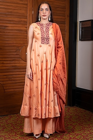 Orange Chanderi Silk Kurta Set by LABBADA