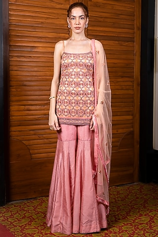 Pink Viscose Georgette Sharara Set by LABBADA