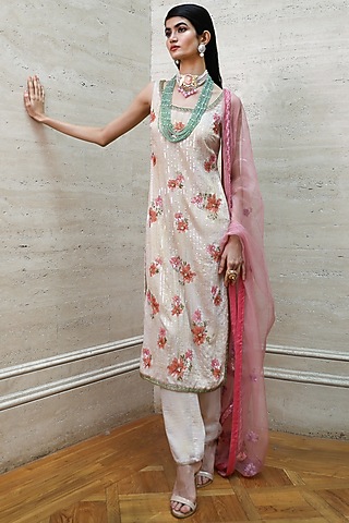 Beige Embroidered Kurta Set by Labbada