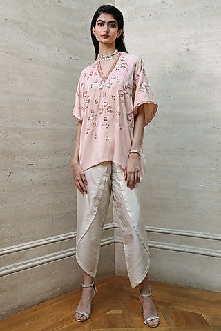 Cloud Pink Wrinkled Cotton Dhoti Set by Labbada
