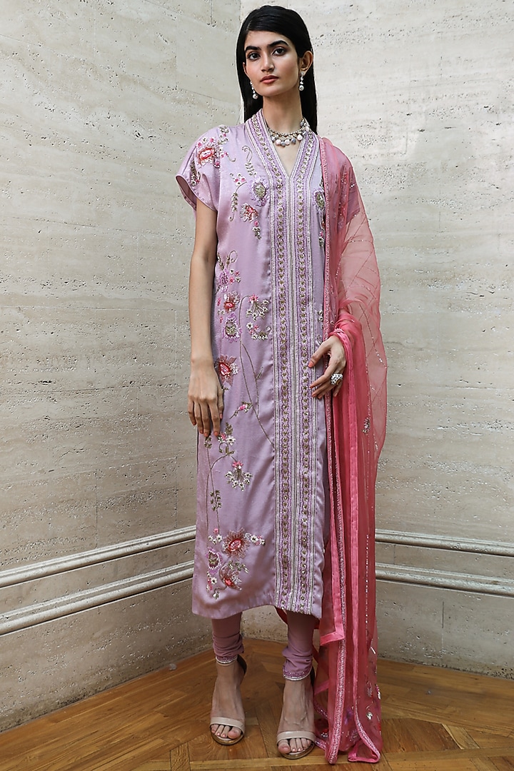 Mauve Satin Velvet Hand Embroidered Kaftan Kurta Set by Labbada