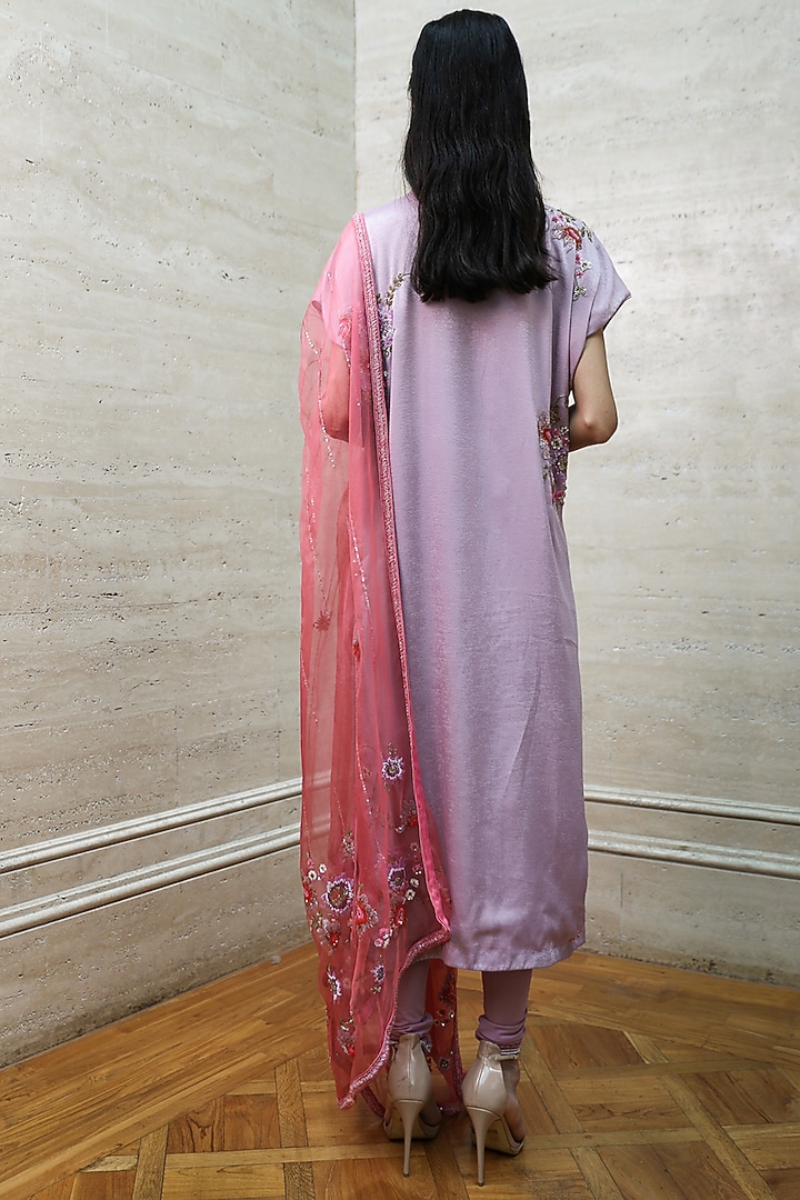 Mauve Satin Velvet Hand Embroidered Kaftan Kurta Set by Labbada at Pernia's Pop Up Shop