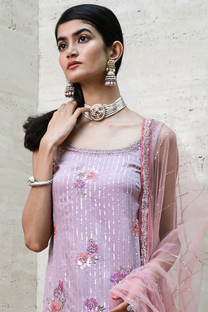 Mauve Hand Embroidered Kurta Set by Labbada at Pernia's Pop Up Shop