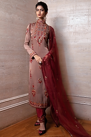 Fawn Brown Hand Embroidered Kurta Set by Labbada