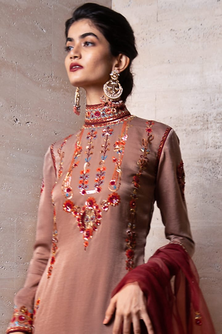 Fawn Brown Hand Embroidered Kurta Set by Labbada at Pernia's Pop Up Shop