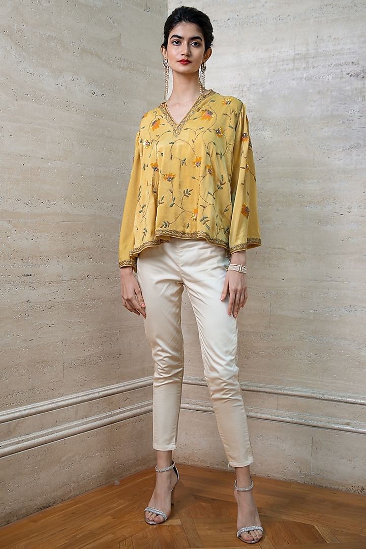 Yellow Hand Embroidered Top by Labbada