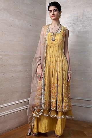 Yellow Hand Embroidered Anarkali Set by Labbada