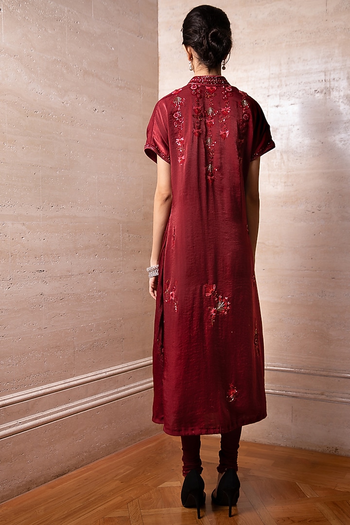Maroon Satin Velvet Hand Embroidered Kaftan Kurta Set by Labbada at Pernia's Pop Up Shop