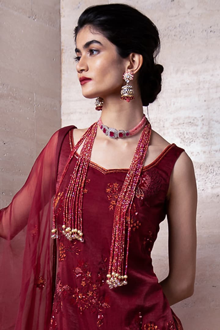 Maroon Hand Embroidered Kurta Set by Labbada at Pernia's Pop Up Shop