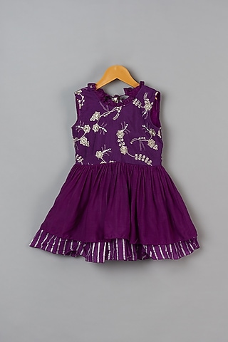 Purple Printed Dress For Girls by LITTLE BRATS