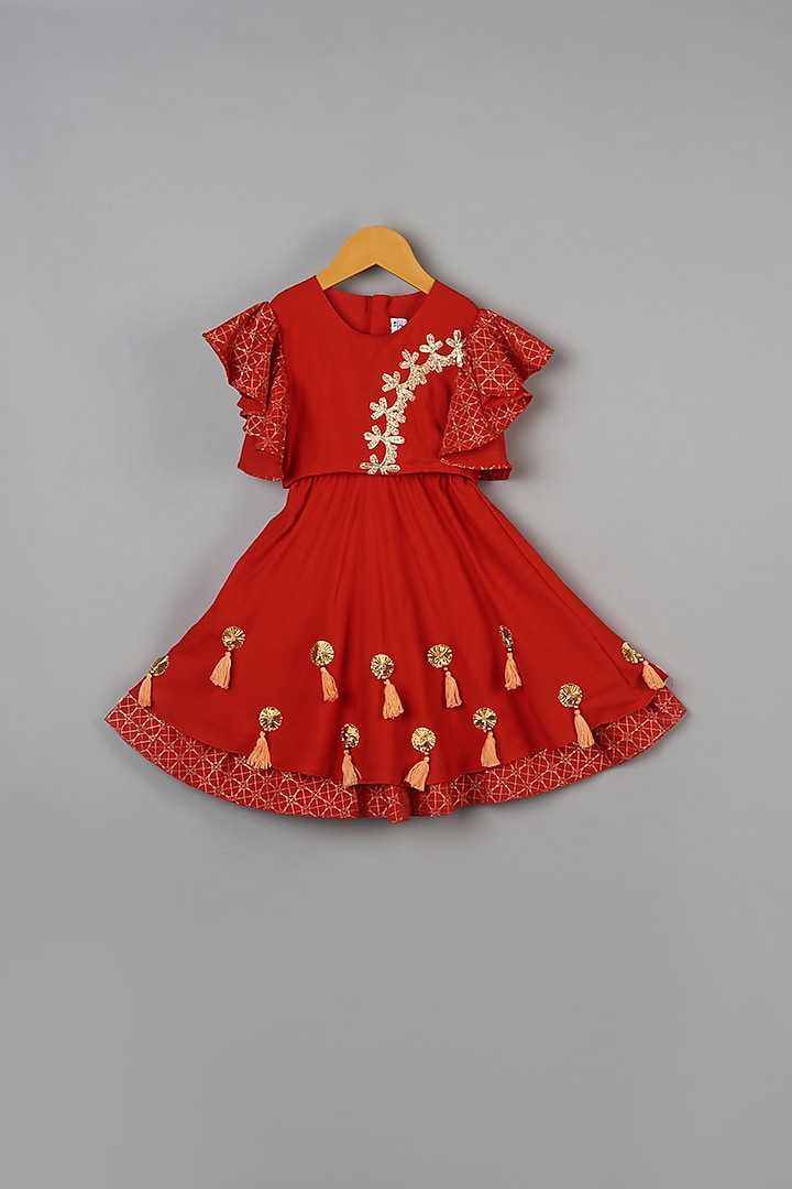 Red Embroidered Lehenga Set For Girls by LITTLE BRATS