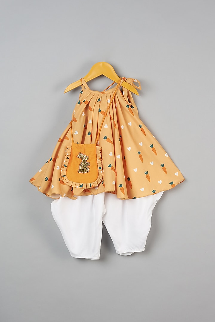Off White Rayon Dhoti Set For Girls by LITTLE BRATS