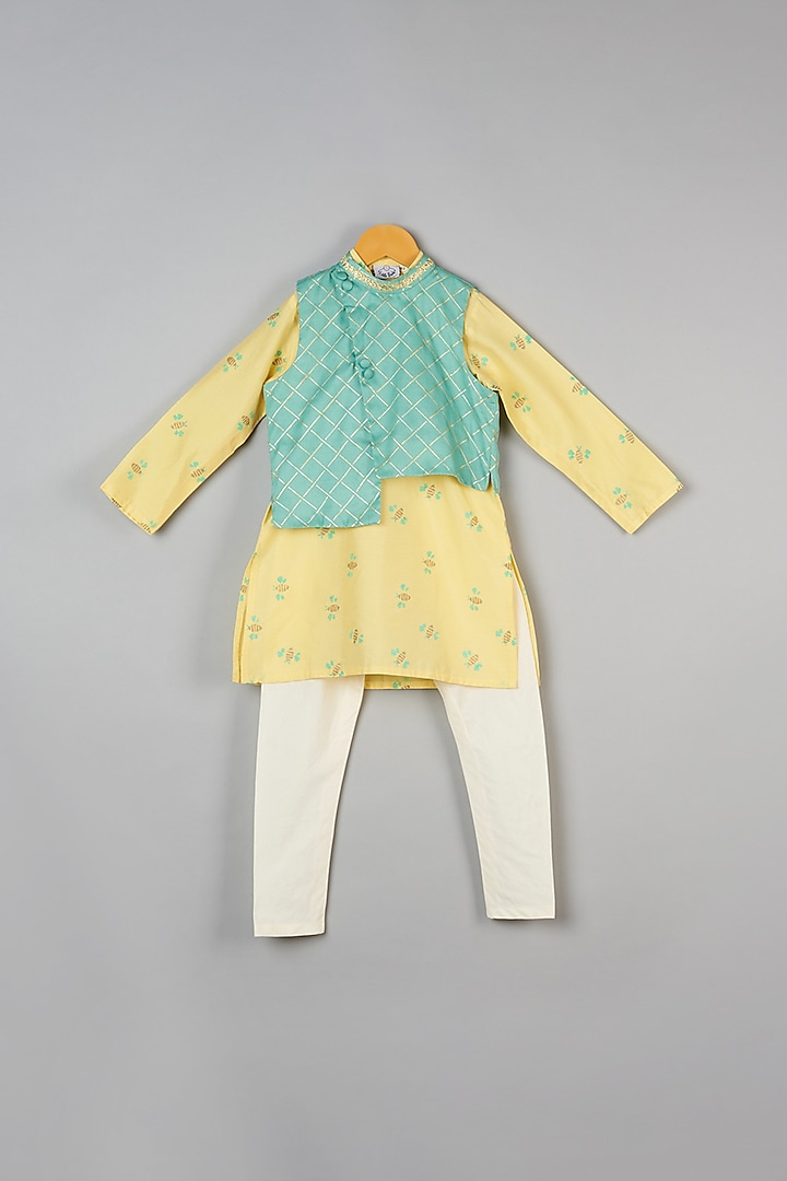 Yellow Printed Kurta Set With Nehru Jacket For Boys by LITTLE BRATS at Pernia's Pop Up Shop