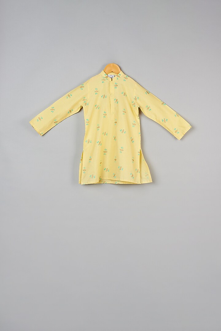 Yellow Printed Kurta Set With Nehru Jacket For Boys by LITTLE BRATS at Pernia's Pop Up Shop