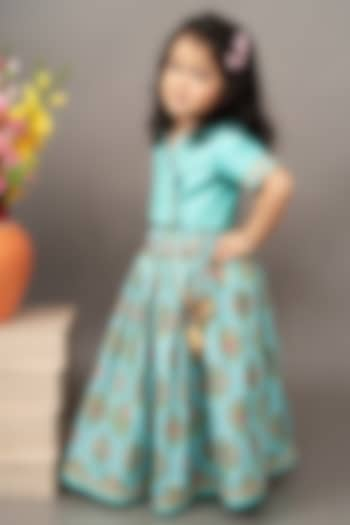 Aqua Blue Roman Silk Printed Lehenga Set For Girls by LITTLE BRATS at Pernia's Pop Up Shop