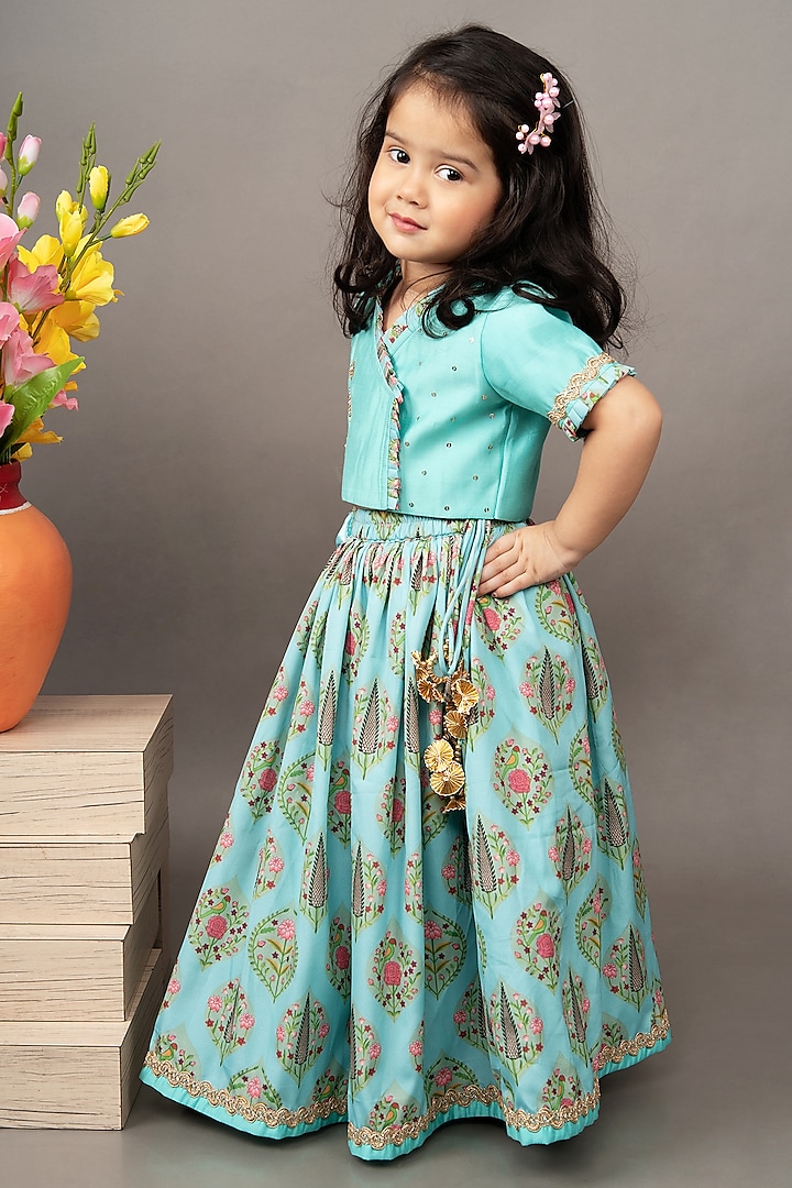 Aqua Blue Roman Silk Printed Lehenga Set For Girls by LITTLE BRATS at Pernia's Pop Up Shop